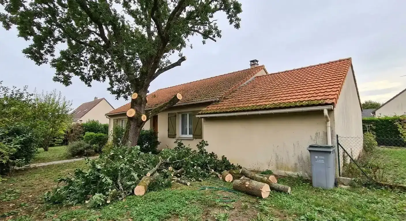 Le même chêne après la coupe : toiture dégagée, bois débité au sol